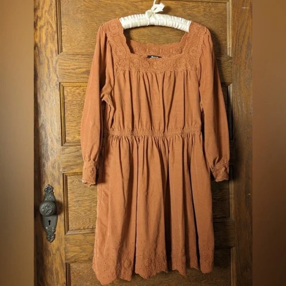 Madewell Orange Corduroy Square Neck Embroidered Dress size L